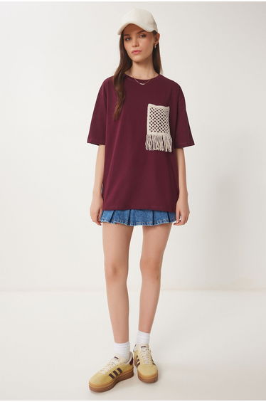 Women's Claret Red Oversize Embroidered Pocket Knitted T-Shirt