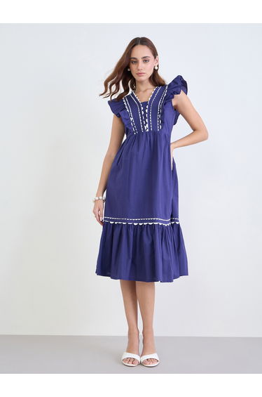 Blue Ruffle Detail Midi Dress