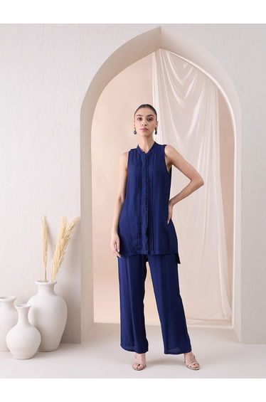 Sleeveless Scallop Trim Tunic with Straight Pant Co-Ords