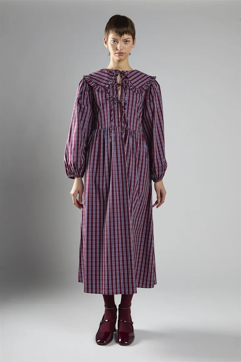 Burgundy-Navy-Check Tie-Front Midi-Dress Glamorous Multicolour : Day Dresses  : VogaCloset Oman