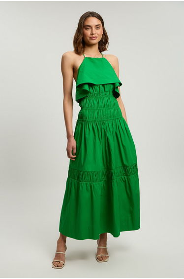 Ruffle Front Cotton Poplin Halterneck Midi Dress