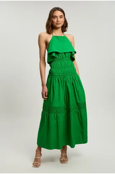 Ruffle Front Cotton Poplin Halterneck Midi Dress