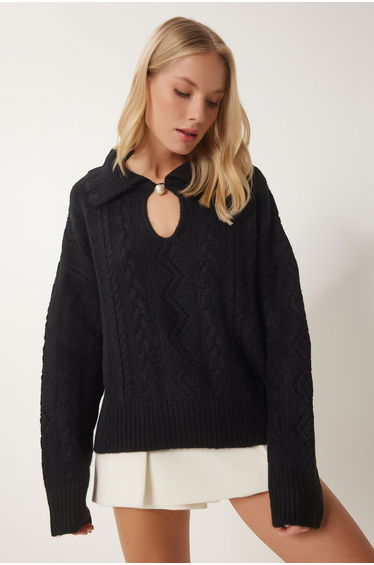 Women's Black Pearl Buttoned Motif Knitwear Sweater