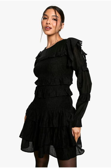 Sheered Long Sleeve Ruffle Mini Dress - black