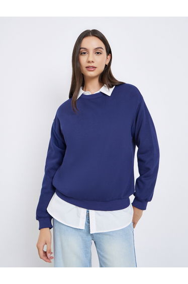 Navy Blue Solid Round Neck Sweatshirt