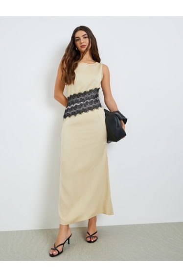 Light Yellow Lace Insert Maxi Dress