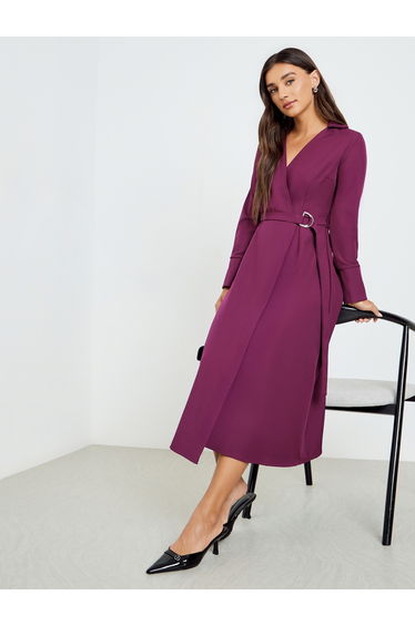 Women Purple Long Sleeves Wrap Midi Dress