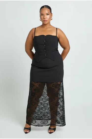 Plus Lace Contrast Maxi Skirt - black