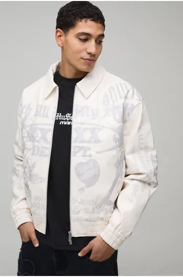 Boxy Fit PU Printed Graphic Varsity Jacket - ecru