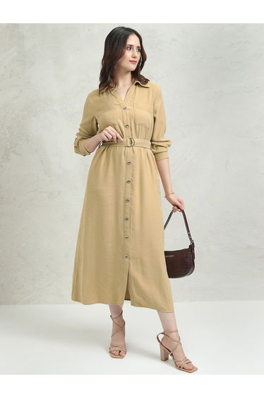 Solid Pocket Detail Shirt Collar A-Line Midi Dress