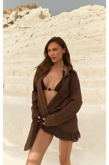 Chocolate Linen Look Long Sleeve Beach Shirt