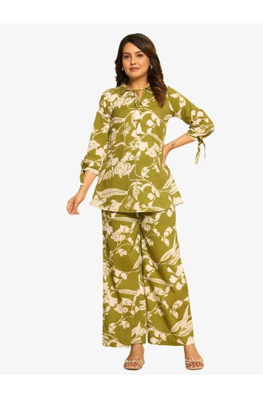 Women Green Floral Tunic with Pants Co-Ords