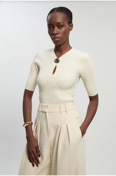 Rib Knit Trim Detail Short Sleeve Top