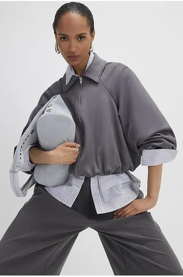 Grey Faux Suede Collared Bomber Jacket
