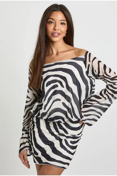 Zebra Printed Long Sleeve Cowl Back Mini Dress - black