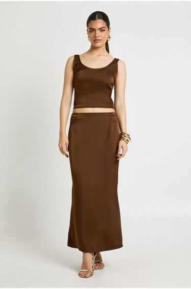 Satin Scoop Neck Cami And Maxi Skirt Co-ord - espresso