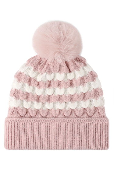 Color Block Pom-Pom Beanie Hat in Pink