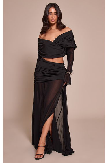 Petite Black Bardot Twist Front Crop Top