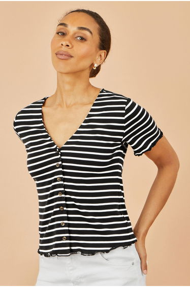Yumi Black Striped Cotton Jersey Lettuce Trim T-Shirt