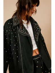 جاكيت بايكر دينيم مزين بأحجار مزين بأحجار معدنية - 2