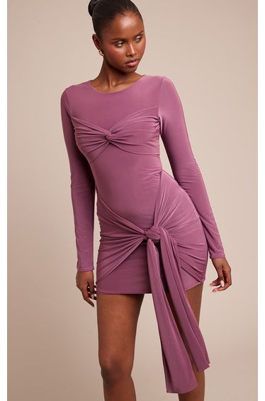Mauve Slinky Long Sleeve Wrap Twist Detail Mini Dress