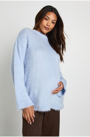 Maternity Fluffy Crew Neck Oversized Jumper - baby blue