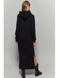 Women's Black Slit Hooded Maxi Dress - 5