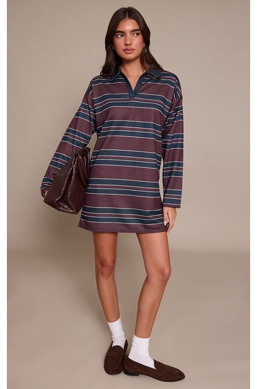 Burgundy Contrast Striped Collar Detail Long Sleeve Shift Dress
