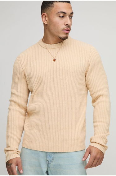 Regular Fit Ribbed Knitted Jumper - sand