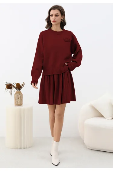 Whispered Bloom Knit Sweater and Mini Skirt Set in Burgundy