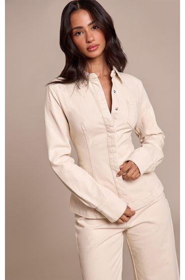 Petite Ecru Pocket Detail Cinched Waist Denim Shirt