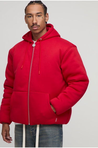 Oversized Fit Jersey Hooded Bomber Jacket - red