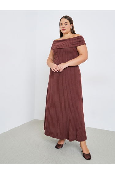 Plus Size Off Shoulder Neck Ribbed Maxi Dress