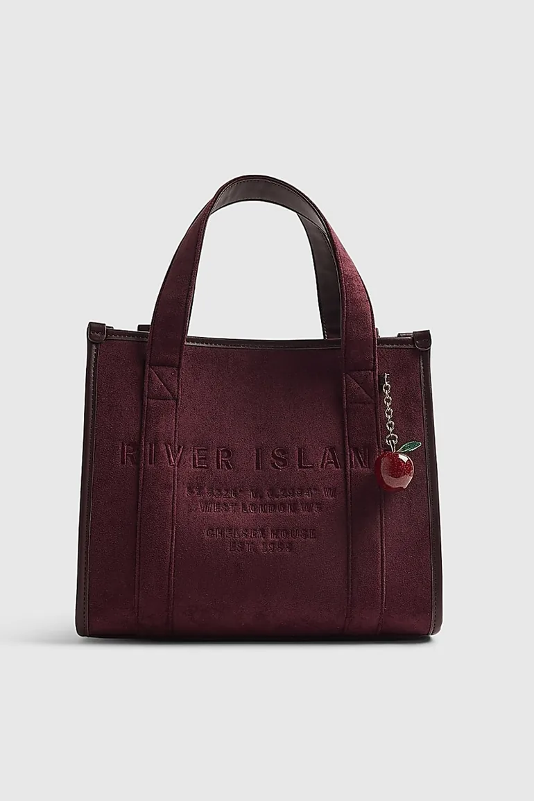Red Faux Suede Embroidered Tote Bag