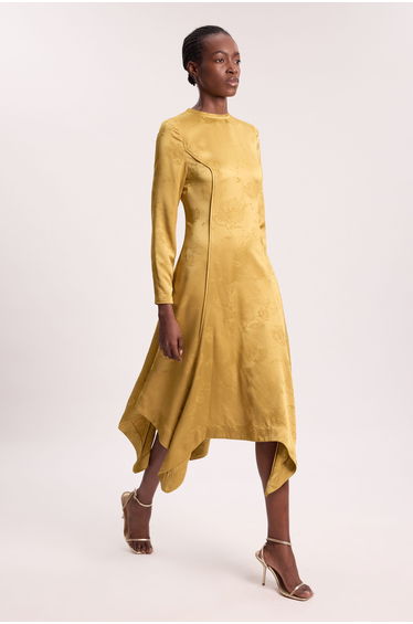 Jacquard Long Sleeve Hanky Hem Woven Maxi Dress