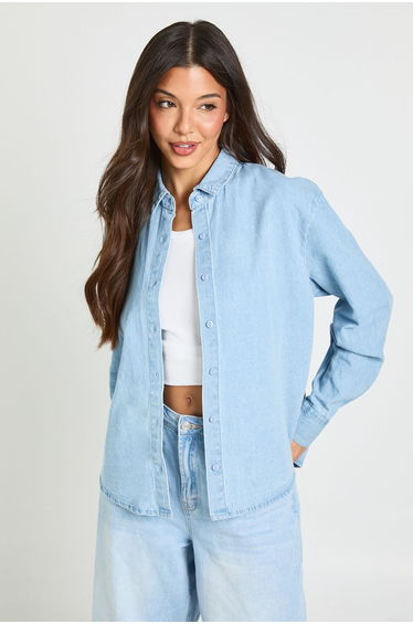 Chambray Balloon Sleeve Oversized Shirt - light wash