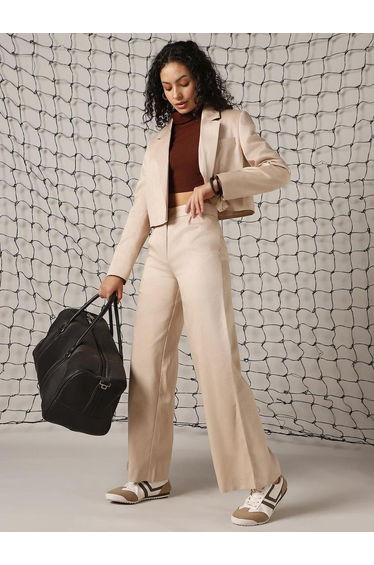 Solid High Rise Straight Leg Trousers