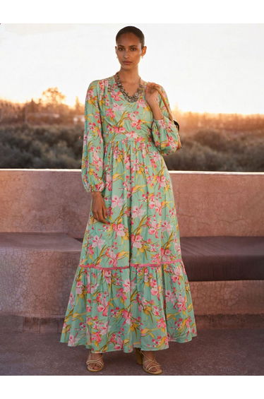 Sea Green and Pink Floral Wrap Neck Maxi Dress