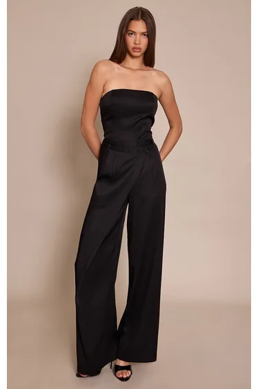 Black Bandeau Wrap Waist Straight Leg Jumpsuit