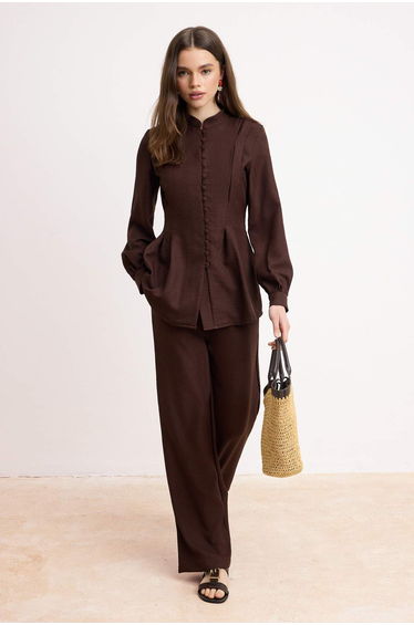 Brown Regular Linen Look Plain Woven Under&Over Hijab Set - Top and Bottom Set