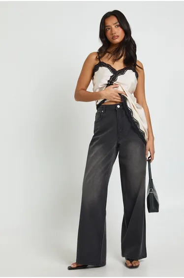 Petite Washed Black Wide Leg Jeans - washed black