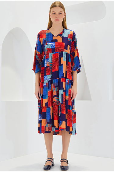 BDART Patterned V-Neck Midi Dress with Short Sleeves