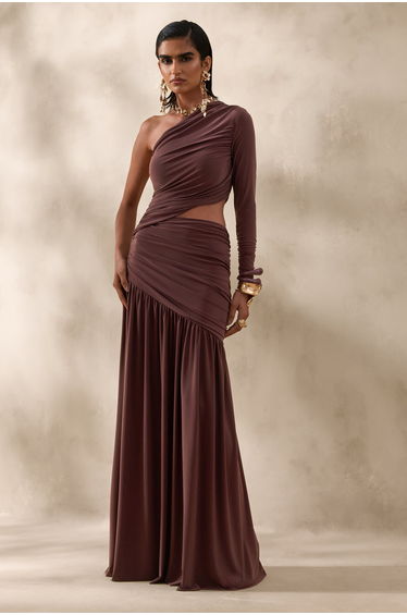 Kinsley | Brown Asymmetric-Neck Maxi Dress With Body Cut-Out Detail