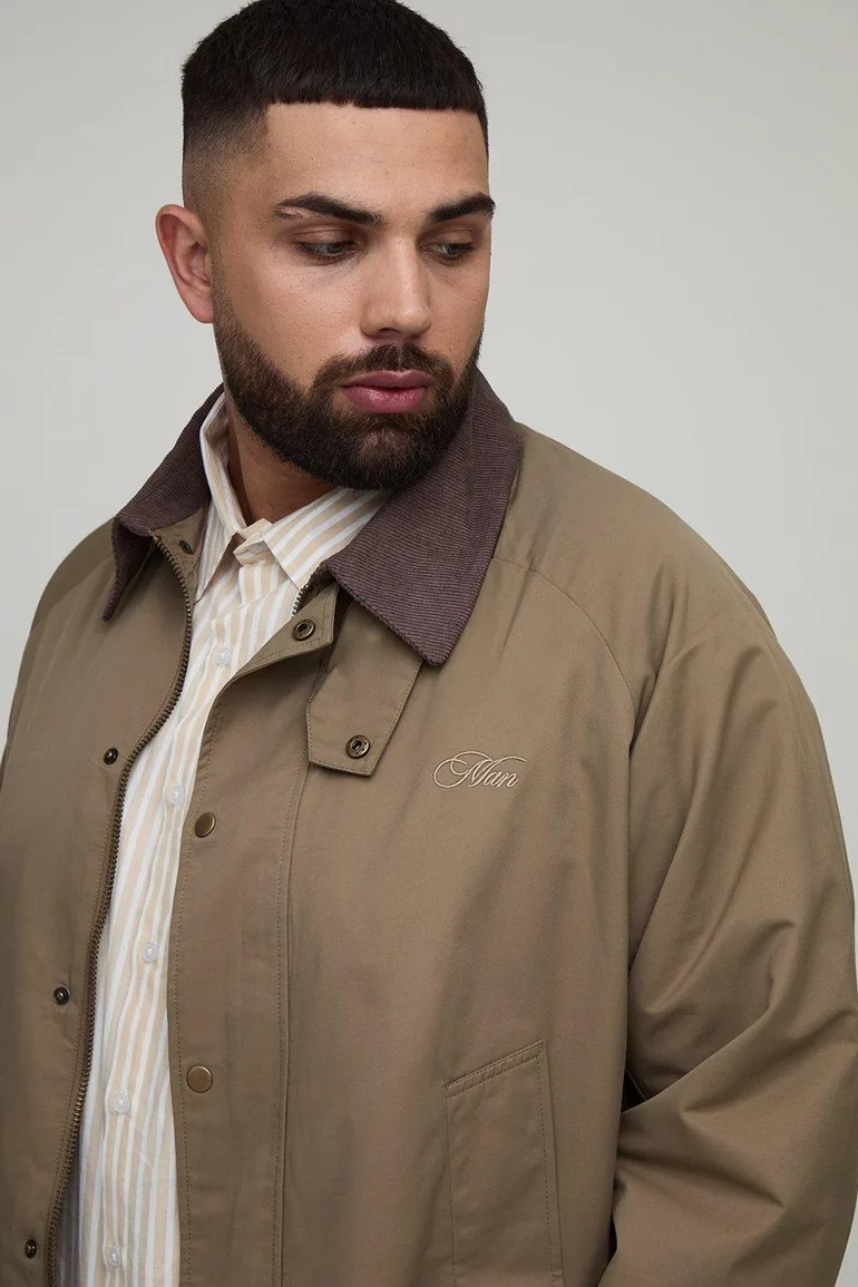 Plus Boxy Cord Collar Embroidered Worker Jacket - stone - 2