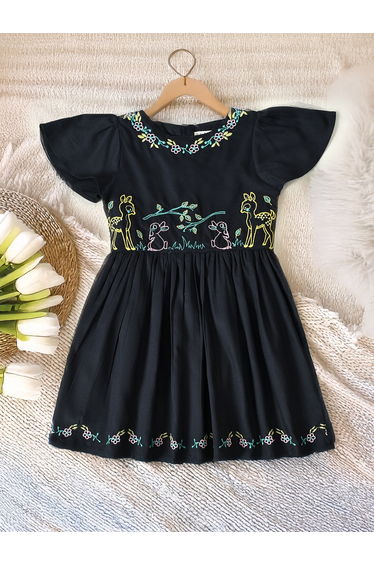 Embroidered Ruffled Sleeve Knee-Length Dress