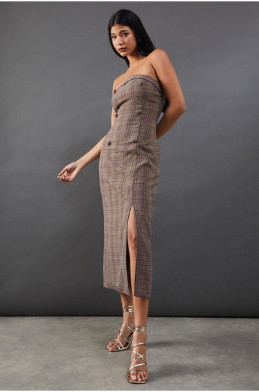 Premium Check Bandeau Double Breasted Midi Dress