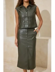 Dark Khaki Inside Sh Fleece-Lined Faux Leather Crop Vest Midi Skirt Woven Bottom - Top Set - 3