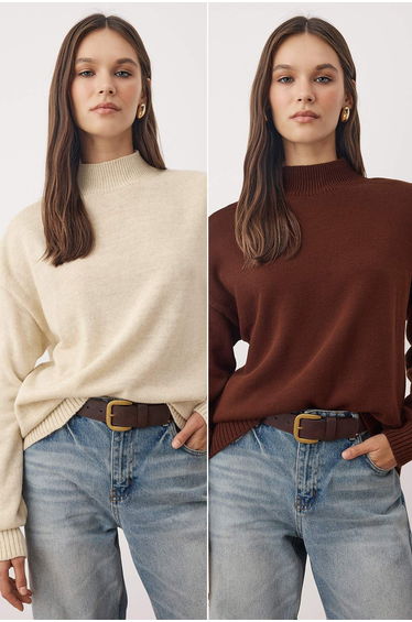 Stone-Brown Basic Double Pack Knit Sweater