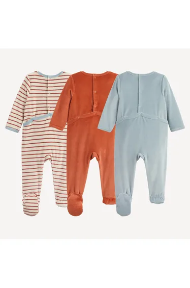 Pack of 3 1-Piece Velour Pyjamas in Car and Stripes Print