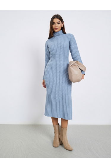 Blue Ribbed Sweater Midi Dress